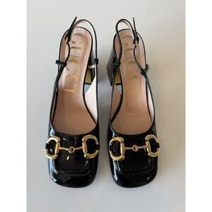 Gucci Baby Horsebit Black Patent Leather Platform Slingback Pumps Shoes EU 38 8